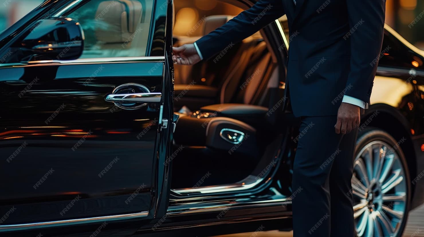Chauffeur privé ouvrant la porte d'une berline premium